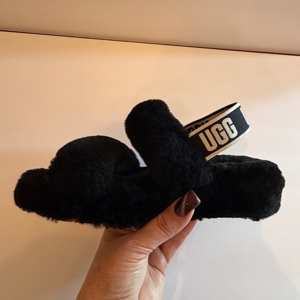 Ugg Fuzzy Black Slipper Slides, Size 7 - image 1